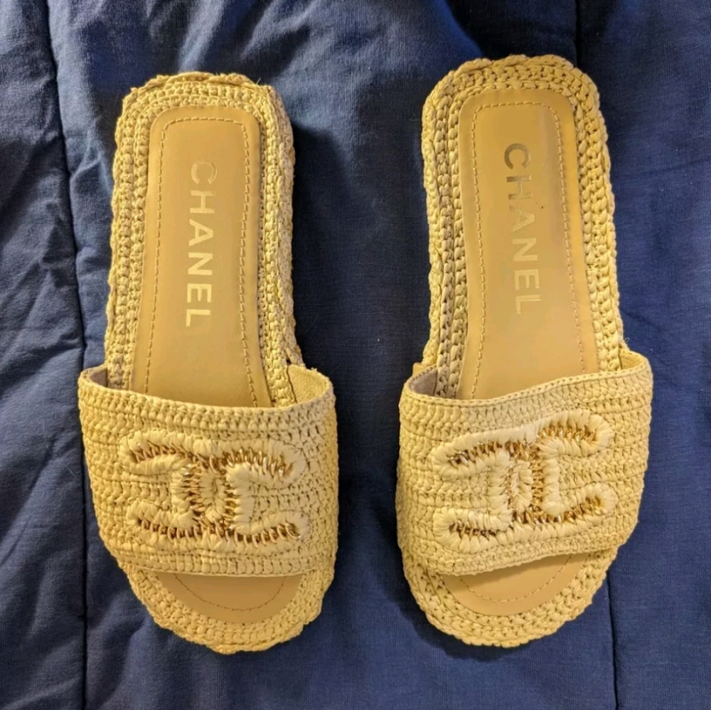 Chanel Raffia Sandals Slides